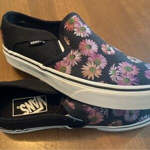 Vans Black Slip-Ons with Pink Floral Design